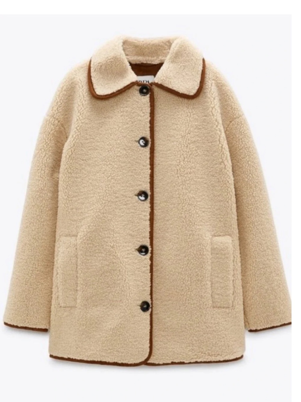 Zara Cream Teddy Jacket with Brown Trim